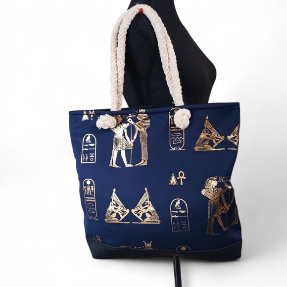 Midnight Blue Egyptian Graphic Beach Bag w/ Rope Handles & Gold Foil Design NWOT - Picture 1 of 9